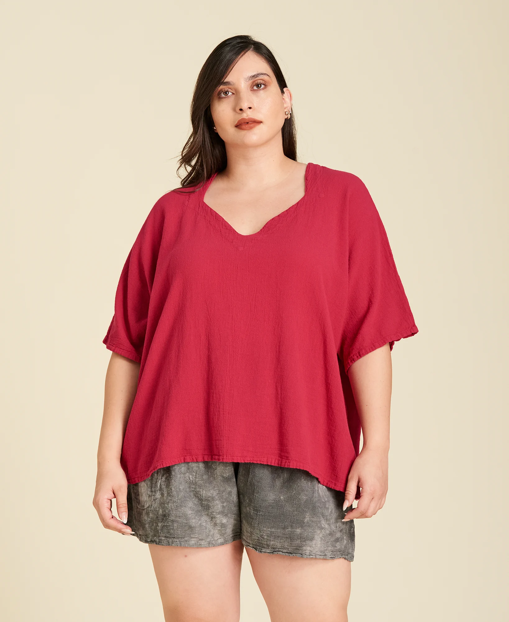 Blusa de manta corte recto con mangas ¾ Erin color rojo rosa Pitaya