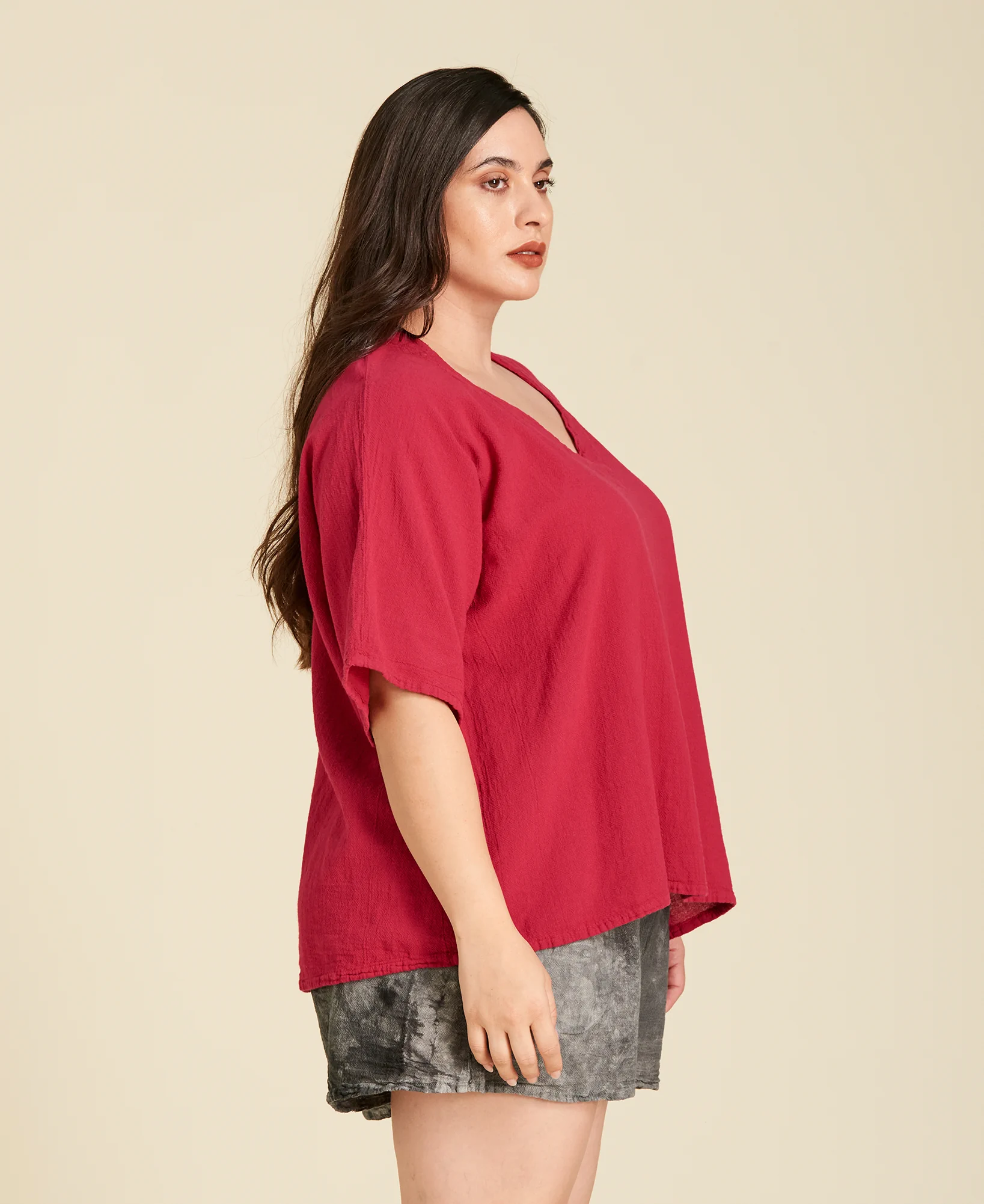 Blusa de manta corte recto con mangas ¾ Erin color rojo rosa Pitaya