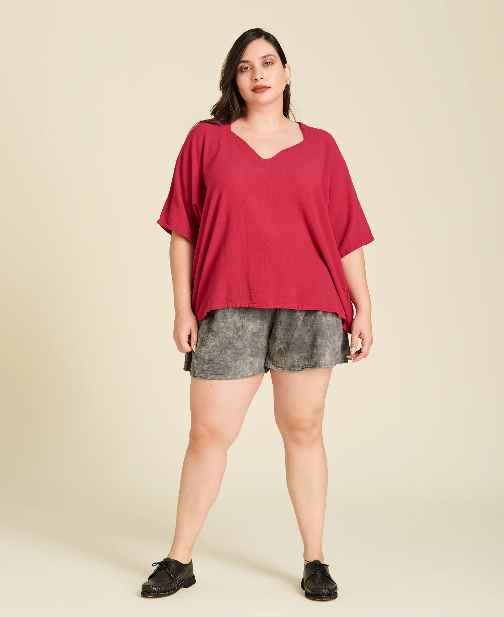 Blusa de manta corte recto con mangas ¾ Erin color rojo rosa Pitaya