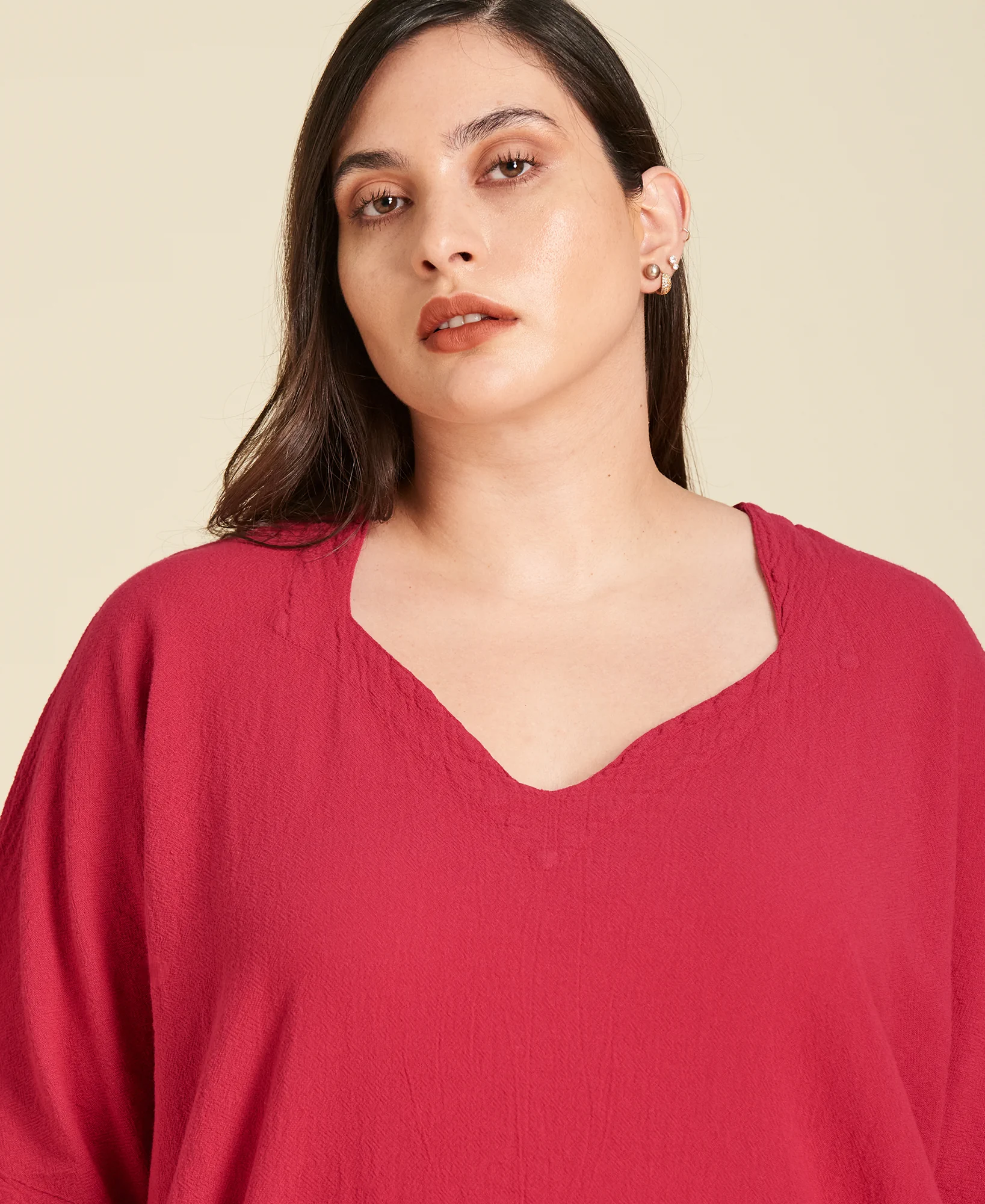 Blusa de manta corte recto con mangas ¾ Erin color rojo rosa Pitaya