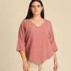 Blusa de algodon con escote en v y mangas ¾ Lynn