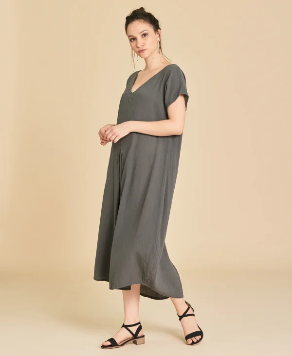 Vestido midi de algodón con manga corta Natalie color gris oscuro