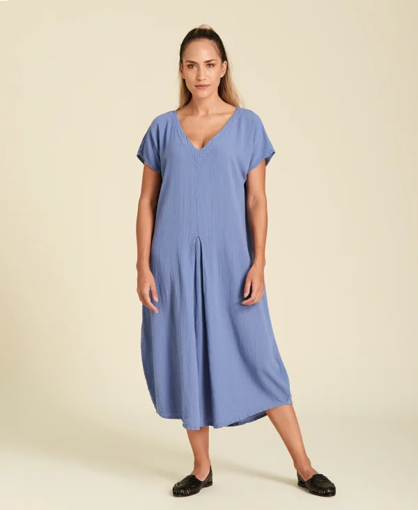 Vestido midi de algodón con manga corta Natalie color azul morado Sea