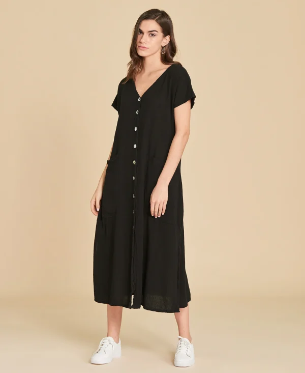 Vestido largo de algodón con botones Raphaele color negro