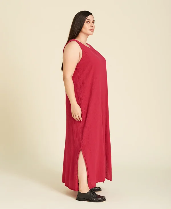 Vestido largo de algodón sin mangas Sylvia color rojo rosa Pitaya