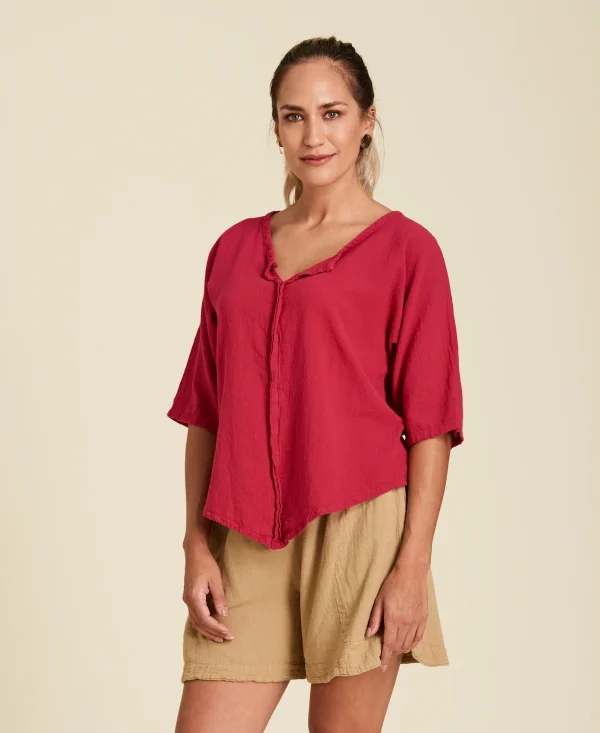 Blusa corta de algodón con mangas ¾ Tiny color rojo rosa Pitaya