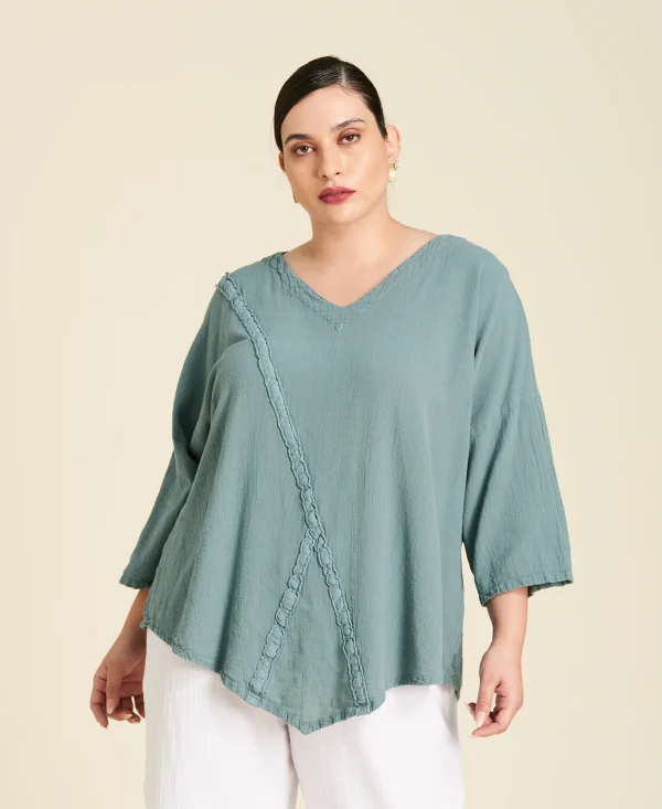 Blusa larga de algodón con mangas ¾ Aruba color verde gris