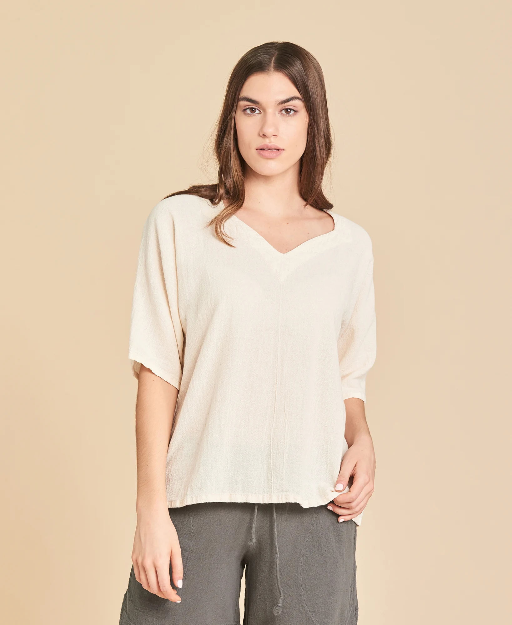 Blusa de manta corte recto con mangas ¾ Erin color hueso