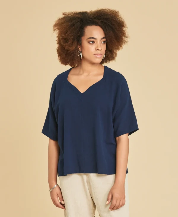 Blusa de manta corte recto con mangas ¾ Erin color azul marino