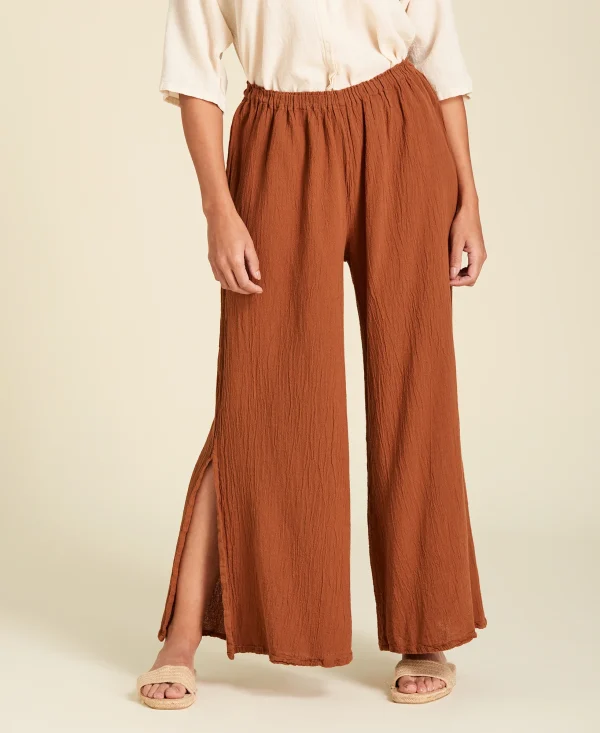 Pantalón amplio de algodón tiro a la cintura Kate color café