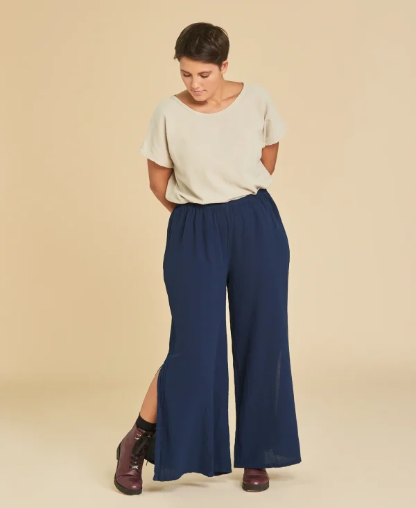 Pantalón amplio de algodón tiro a la cintura Kate color azul marino