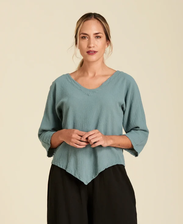 Blusa de algodón con mangas ¾ Lynn color verde gris