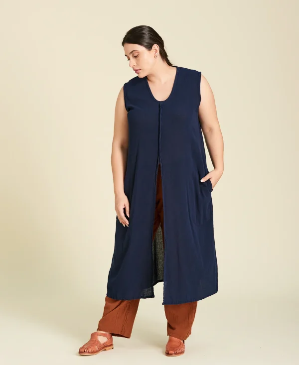 Blusa larga abierta de algodón Renata color azul marino