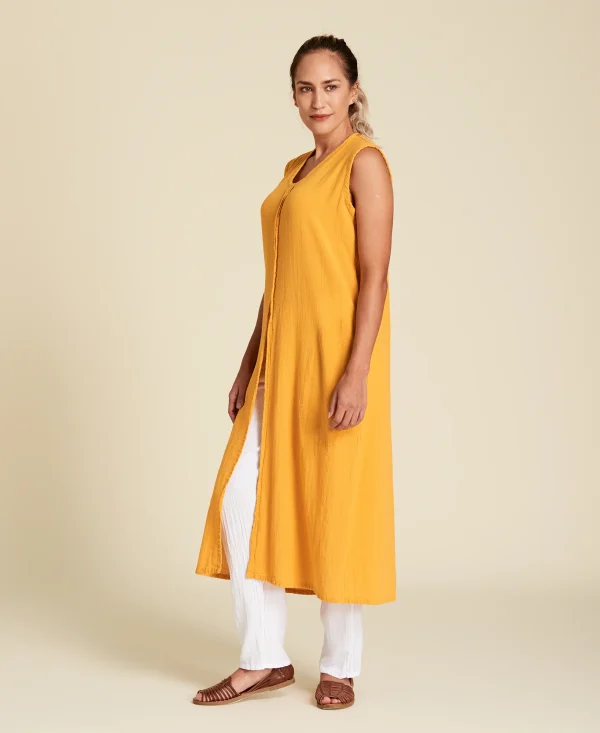 Blusa larga abierta de algodón Renata color amarillo mostaza