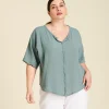 Blusa corta de algodón con mangas ¾ Tiny color verde gris